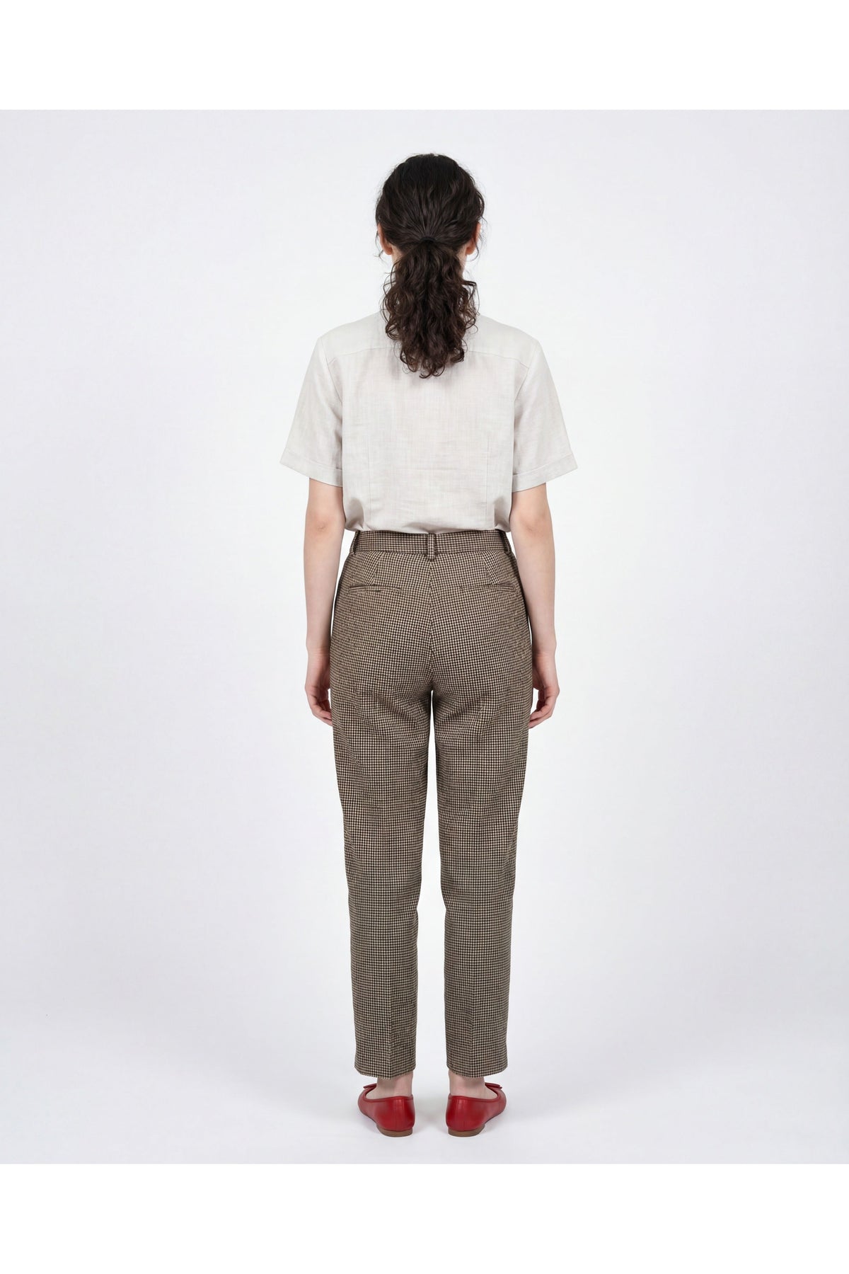 Women's Beige Blue Linen Houndstooth Trousers