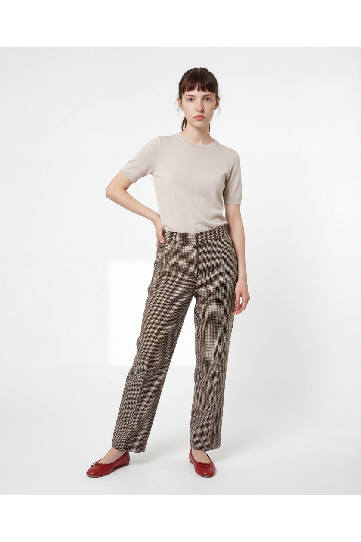 Women's Beige Blue Linen Houndstooth Trousers