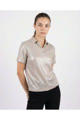 Women's Silver Silk Blend Sequin Polo Shirt