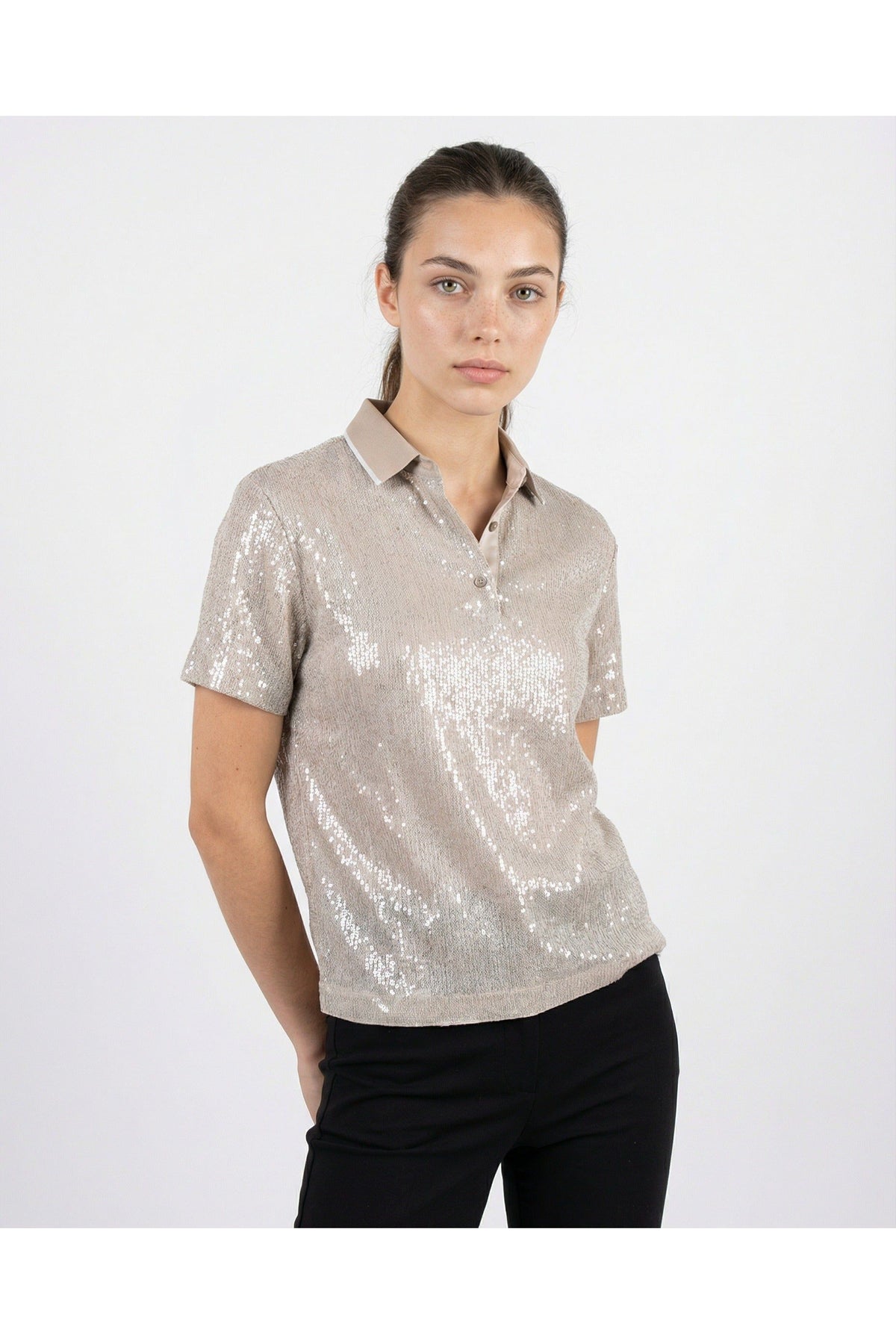 Women's Silver Silk Blend Sequin Polo Shirt