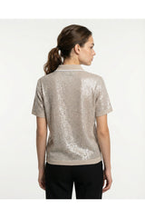 Women's Silver Silk Blend Sequin Polo Shirt