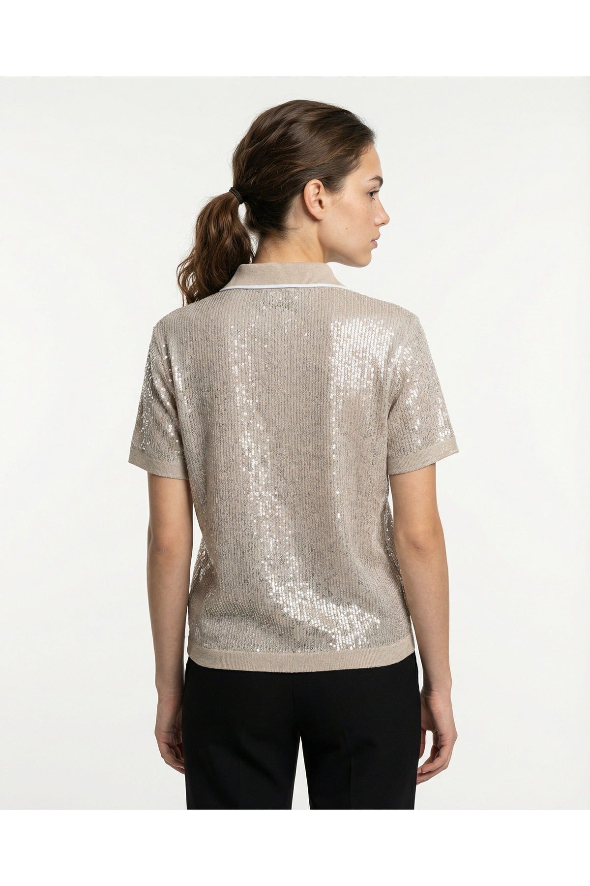 Women's Silver Silk Blend Sequin Polo Shirt