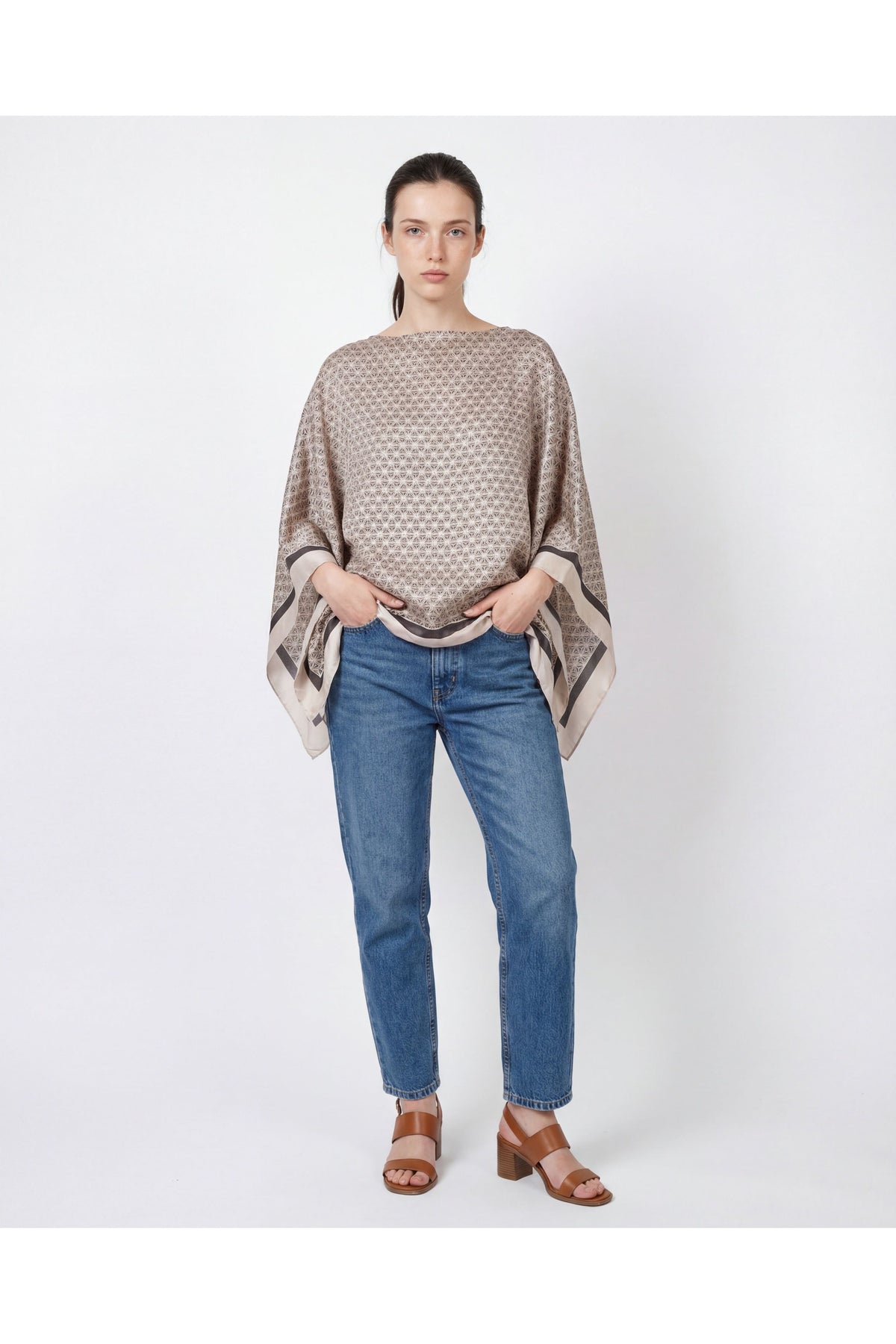Women's Anthracite Beige Silk Shawl Top