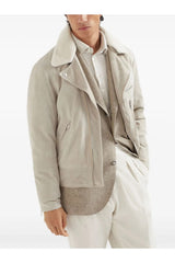 Brunello Cucinelli Men's Beige Leather Shearling Jacket