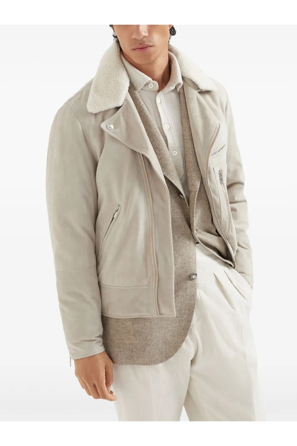 Brunello Cucinelli Men's Beige Leather Shearling Jacket