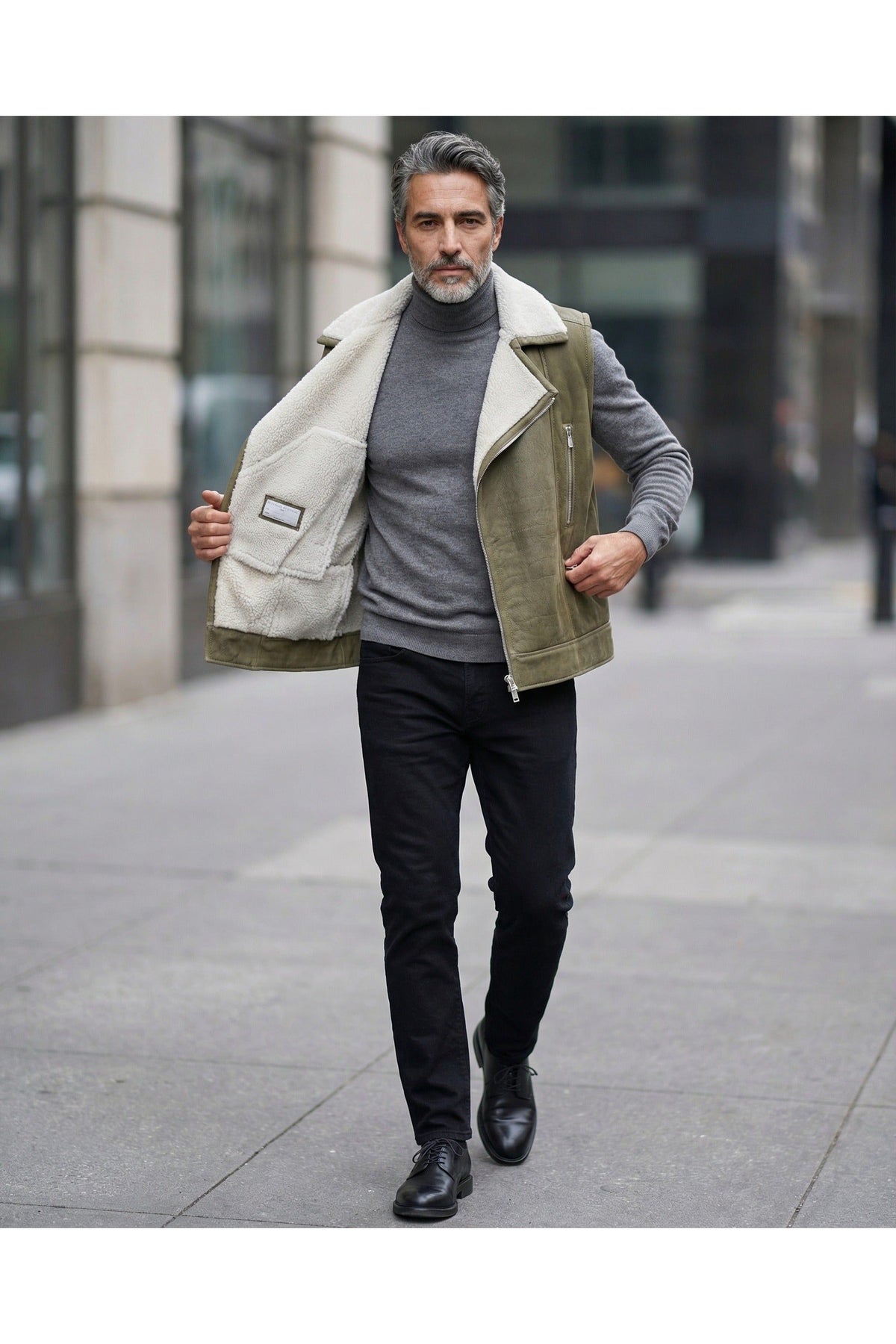 Men's Olive Shearling Biker Vest