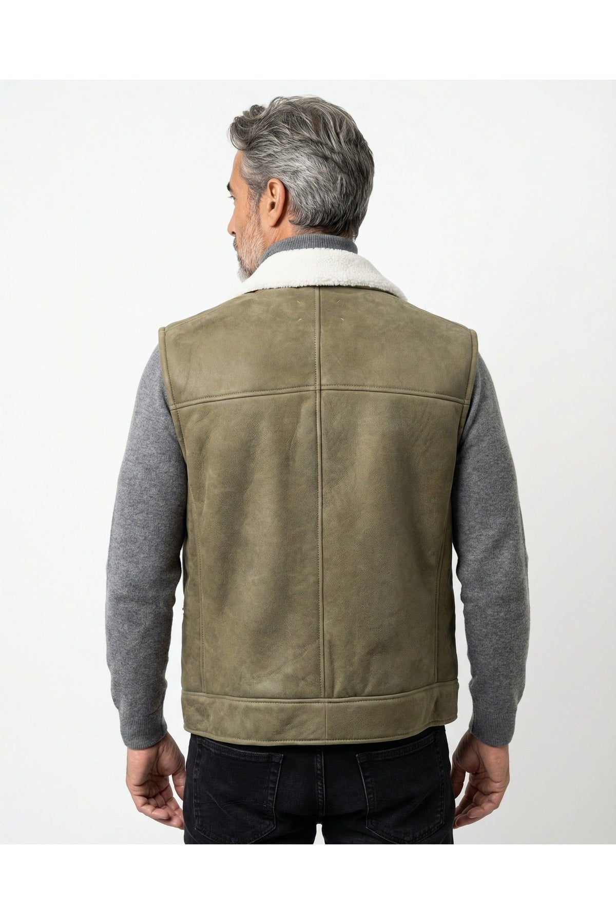 Men's Olive Shearling Biker Vest