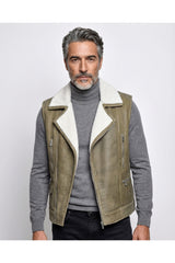 Men's Olive Shearling Biker Vest