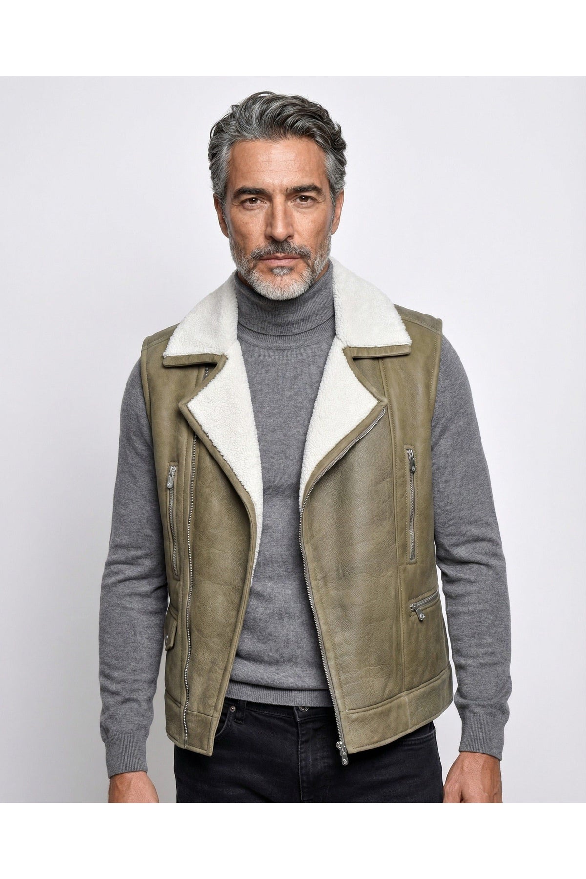 Men's Olive Shearling Biker Vest