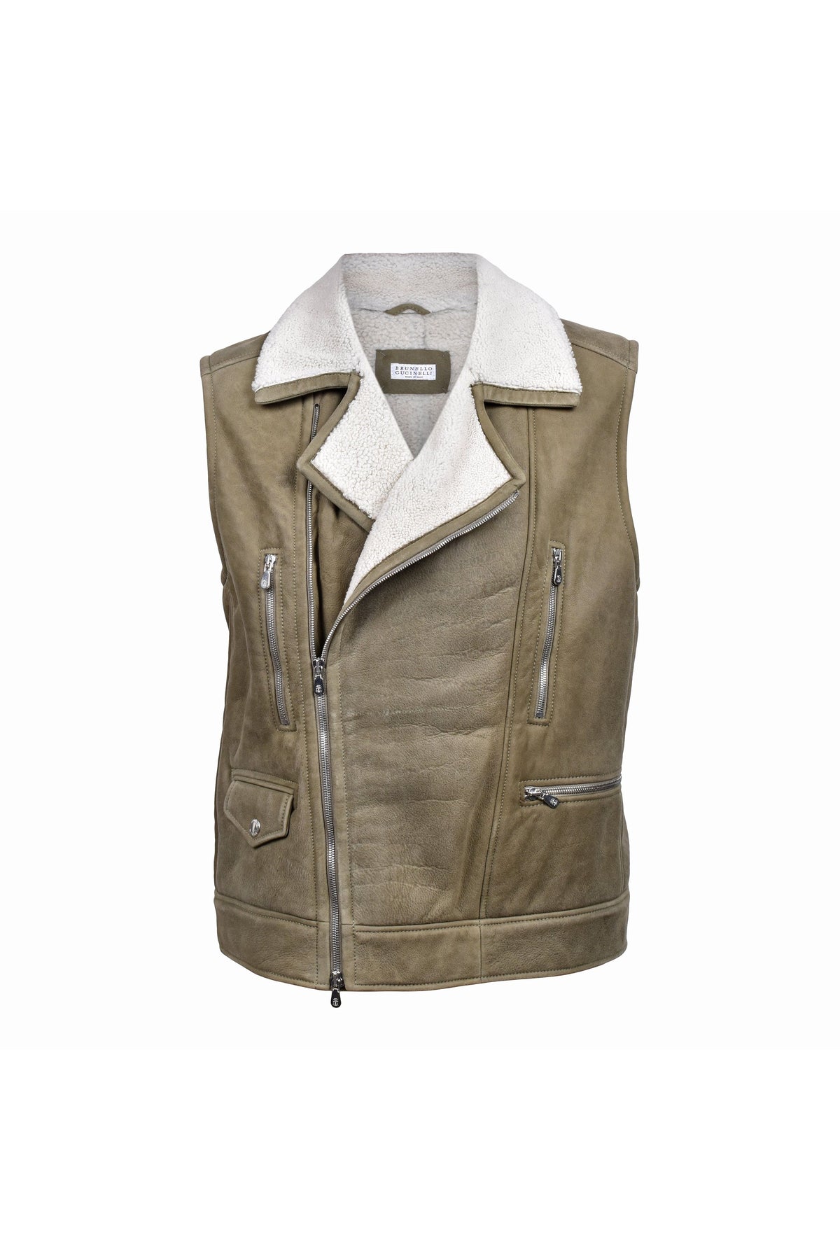 Men's Olive Shearling Biker Vest