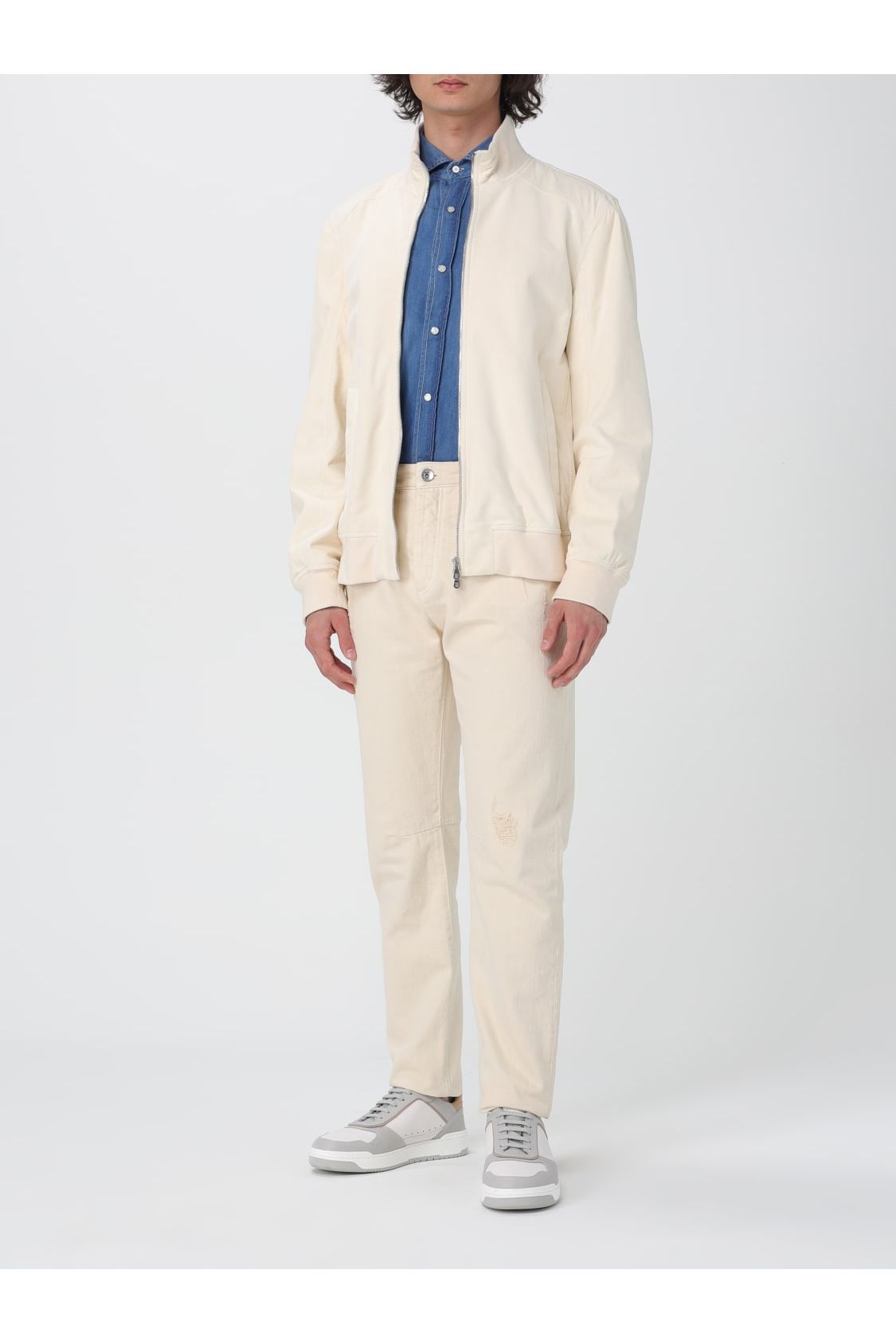 Men's Off White Leather Zip Jacket