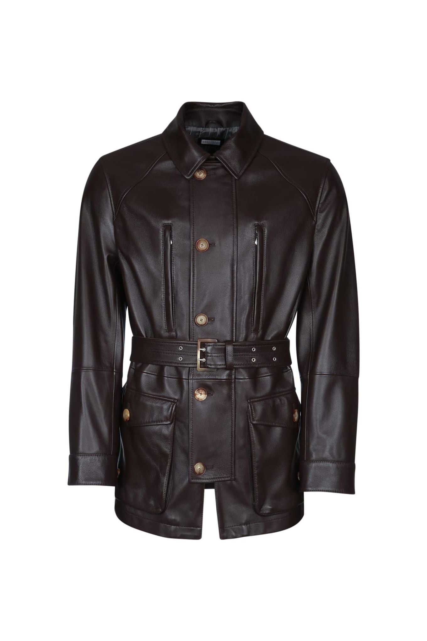 Brunello Cucinelli Men's Dark Brown Leather Jacket