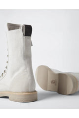 Women's Light Beige Canvas Combat Boots
