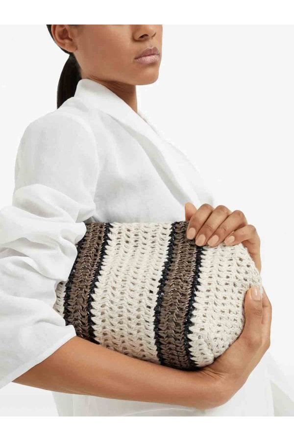 Women's White Beige Woven Stripe Bag