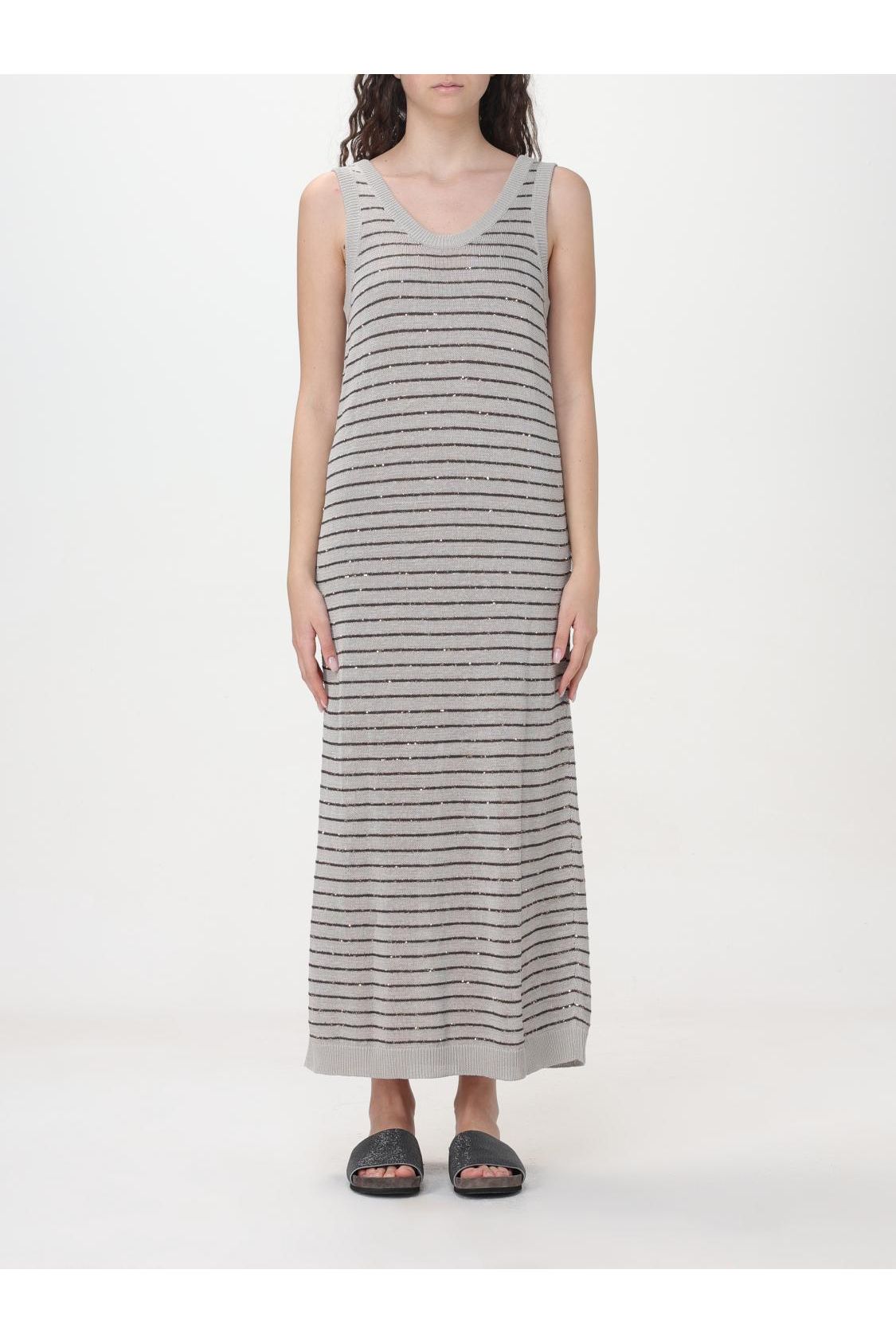 Brunello Cucinelli Women's Light Grey Striped Sleeveless Dress