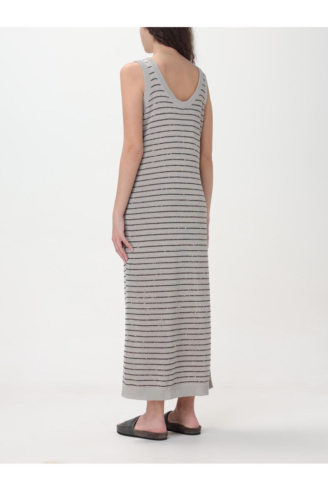 Brunello Cucinelli Women's Light Grey Striped Sleeveless Dress