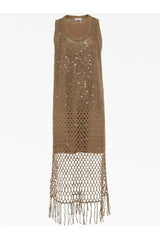 Women's Fango Silk Linen Crochet Dress With Fringe