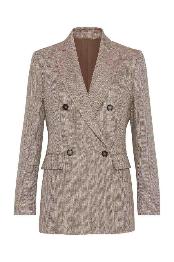 Women's Tabacco Linen Double Breasted Jacket