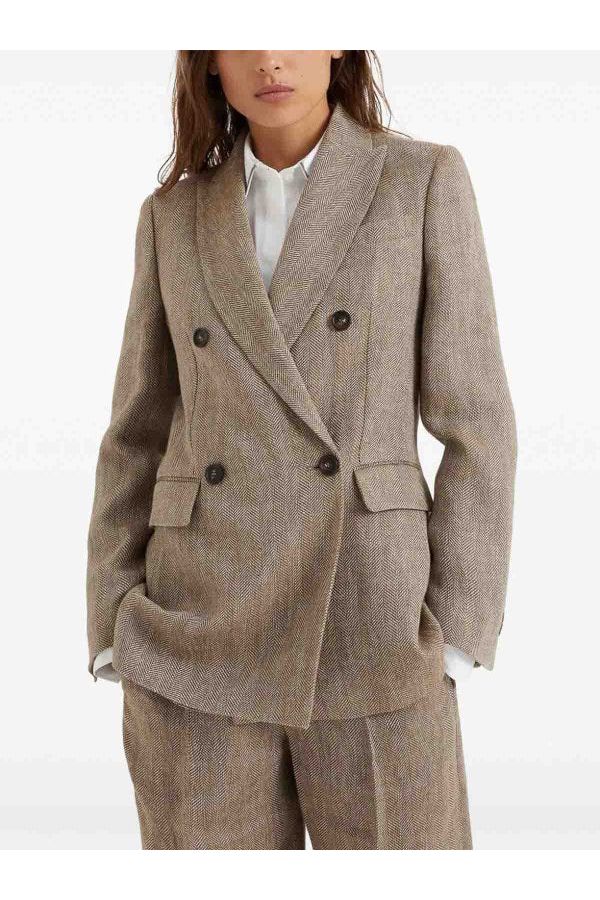Women's Tabacco Linen Double Breasted Jacket