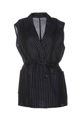 Women's Blue Silver Pinstripe Sleeveless Jacket With Belt