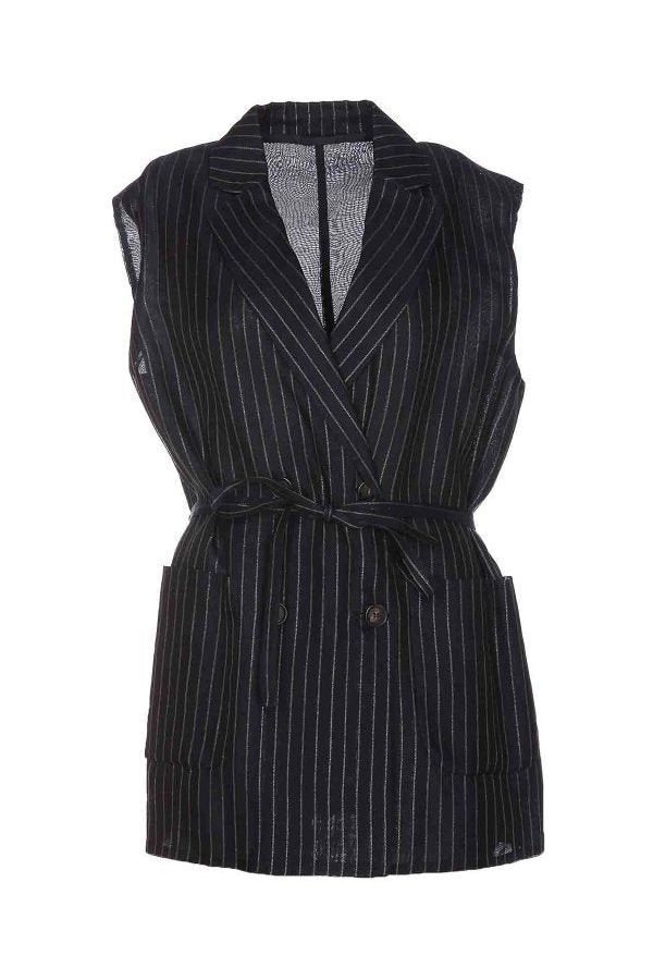 Women's Blue Silver Pinstripe Sleeveless Jacket With Belt
