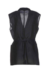 Women's Blue Silver Pinstripe Sleeveless Jacket With Belt