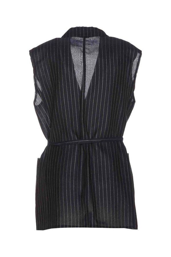 Women's Blue Silver Pinstripe Sleeveless Jacket With Belt