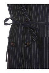Women's Blue Silver Pinstripe Sleeveless Jacket With Belt