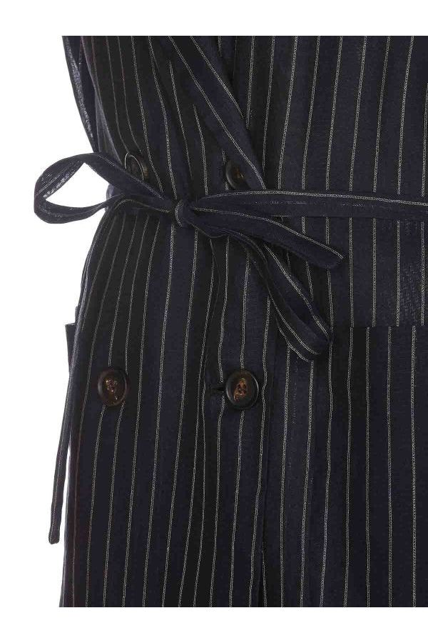 Women's Blue Silver Pinstripe Sleeveless Jacket With Belt