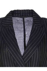 Women's Blue Silver Pinstripe Sleeveless Jacket With Belt