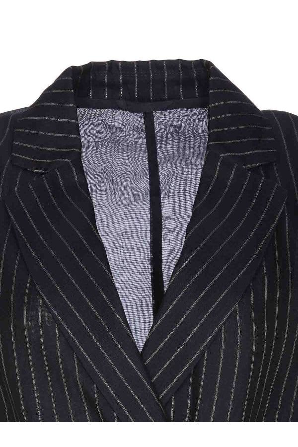 Women's Blue Silver Pinstripe Sleeveless Jacket With Belt