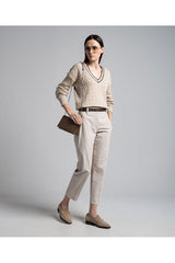 Women's Light Neutral Slim Cotton Trousers With Front Crease