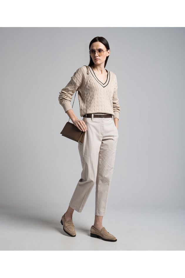 Women's Light Neutral Slim Cotton Trousers With Front Crease