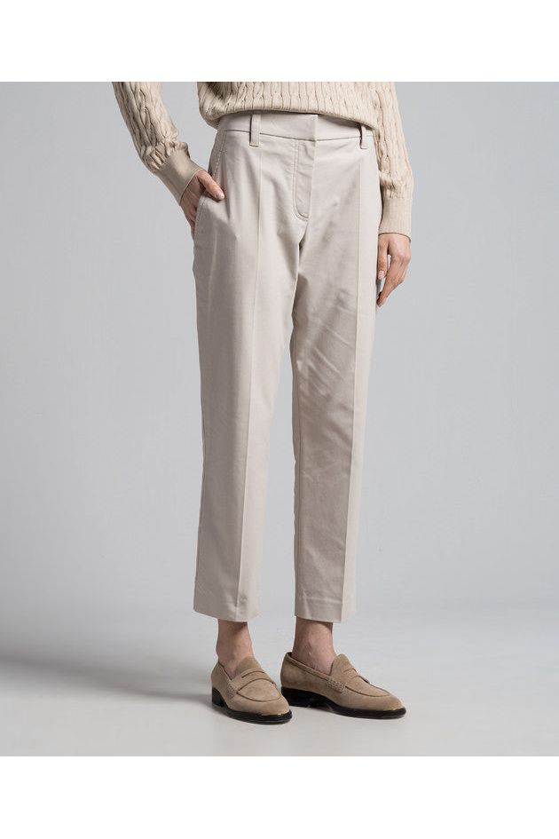 Women's Light Neutral Slim Cotton Trousers With Front Crease