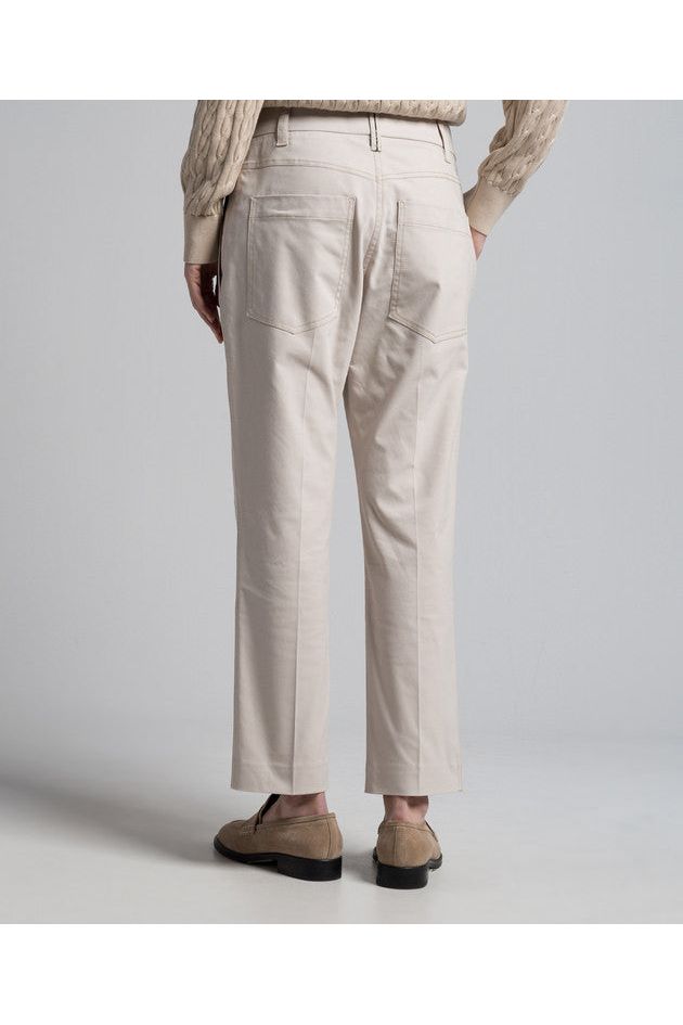 Women's Light Neutral Slim Cotton Trousers With Front Crease