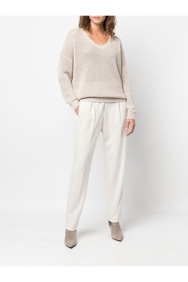 Women's Warm White Wool Blend Tapered Trousers