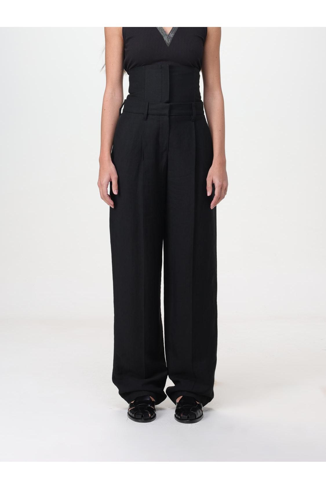 Women's Black Linen Blend Wide Leg Trousers