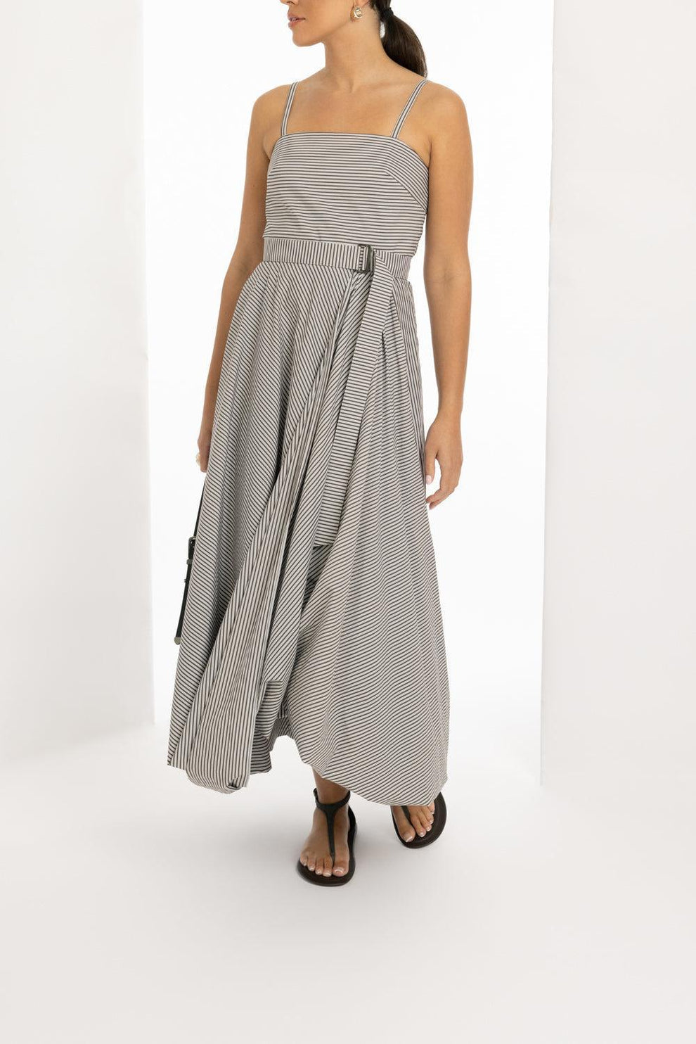 Women's White Striped Belted Dress