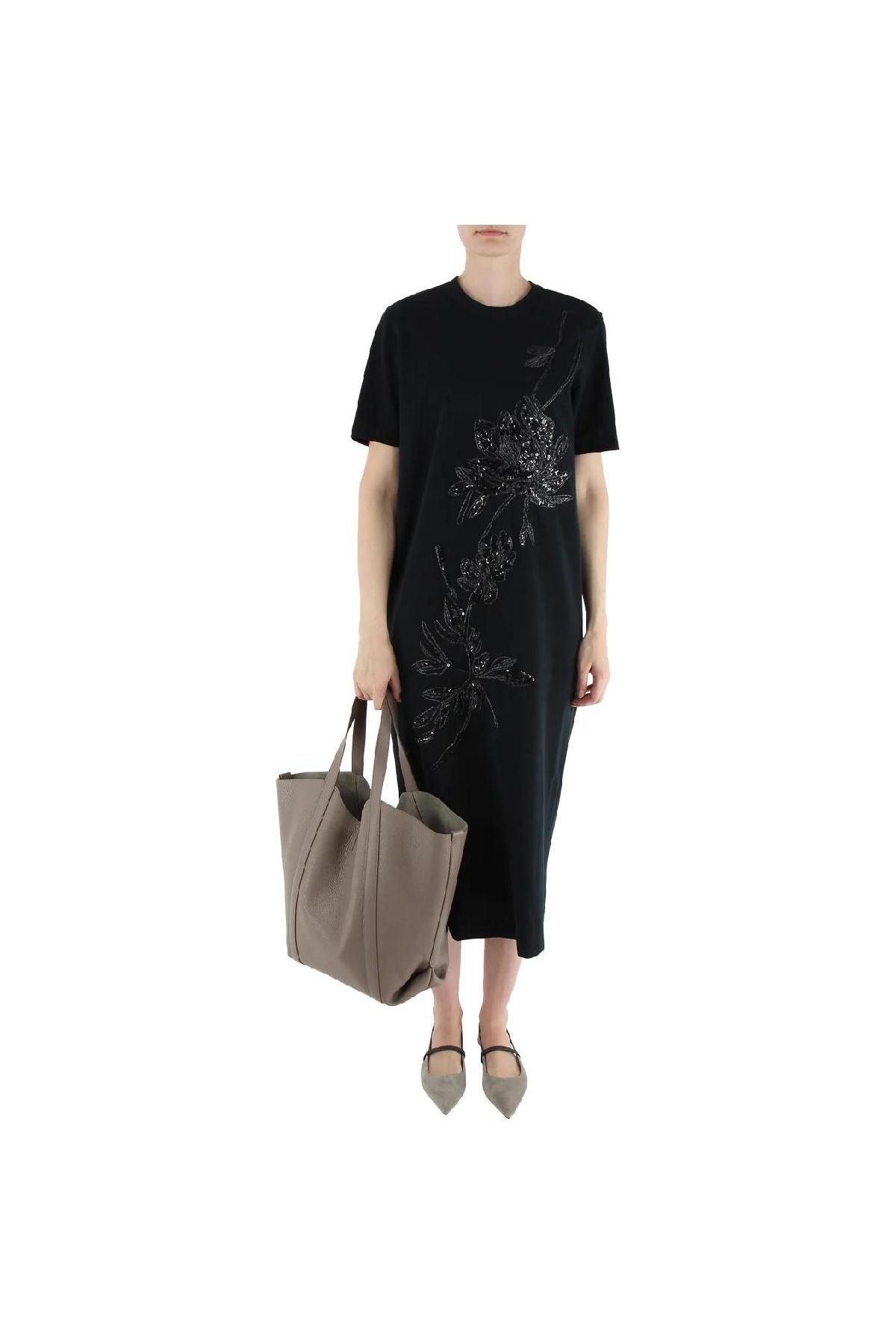 Brunello Cucinelli Women's Black Embroidered Straight Dress
