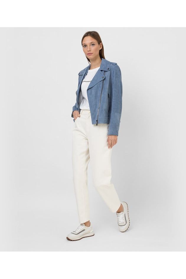 Women's Light Blue Leather Biker Jacket