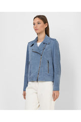 Women's Light Blue Leather Biker Jacket