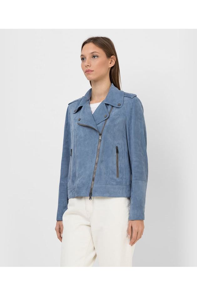 Women's Light Blue Leather Biker Jacket
