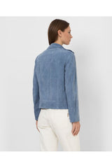 Women's Light Blue Leather Biker Jacket