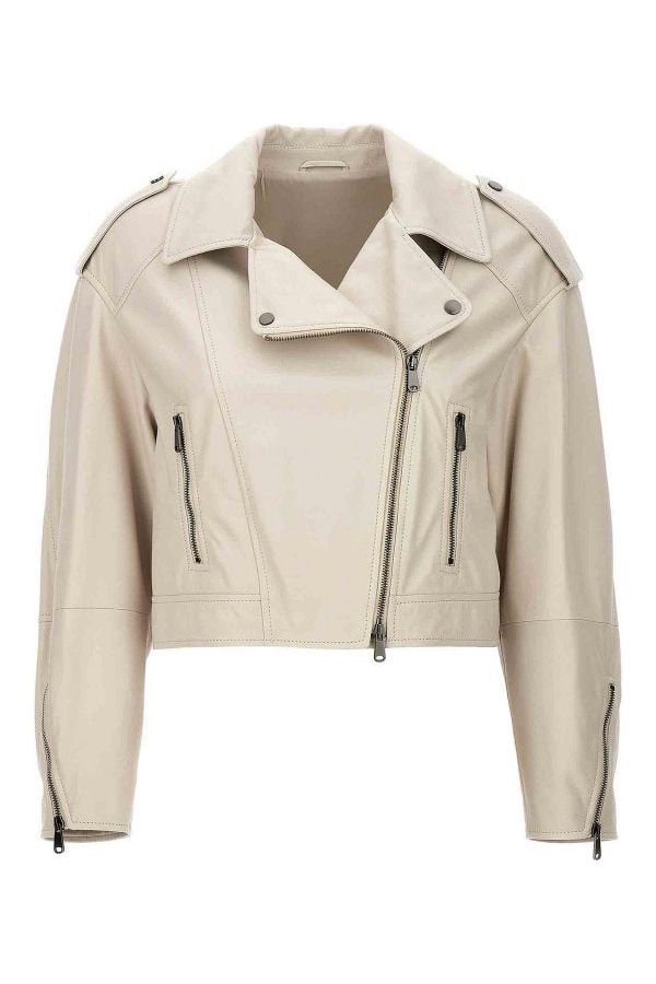 Women's Off White Leather Cropped Jacket