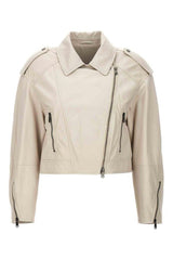 Women's Off White Leather Cropped Jacket