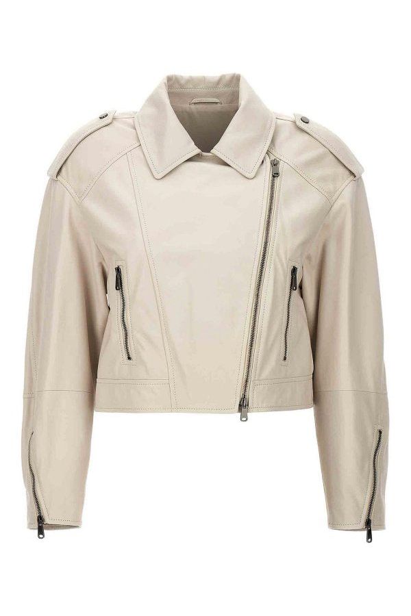 Women's Off White Leather Cropped Jacket