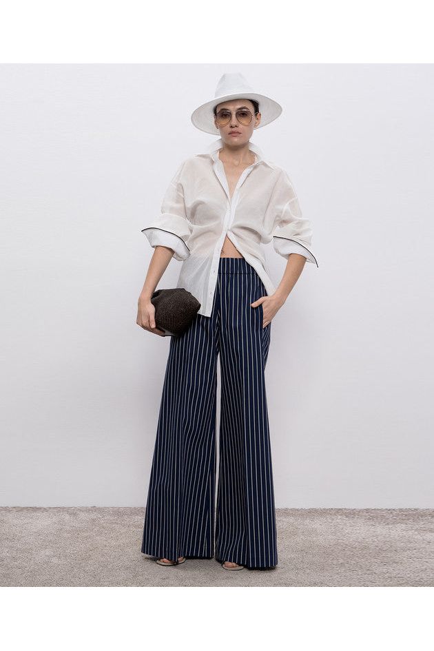 Women's Navy Striped Wide Trousers