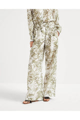 Women's White Printed Silk Wide Trousers