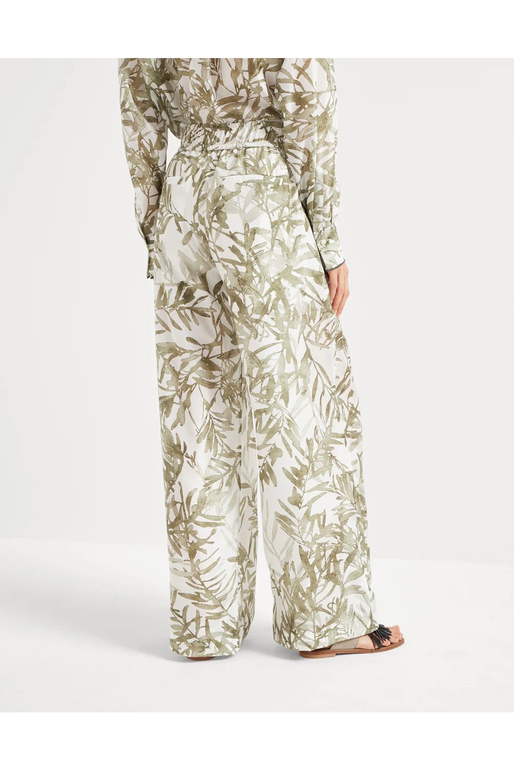 Women's White Printed Silk Wide Trousers