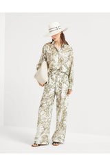 Women's White Printed Silk Wide Trousers